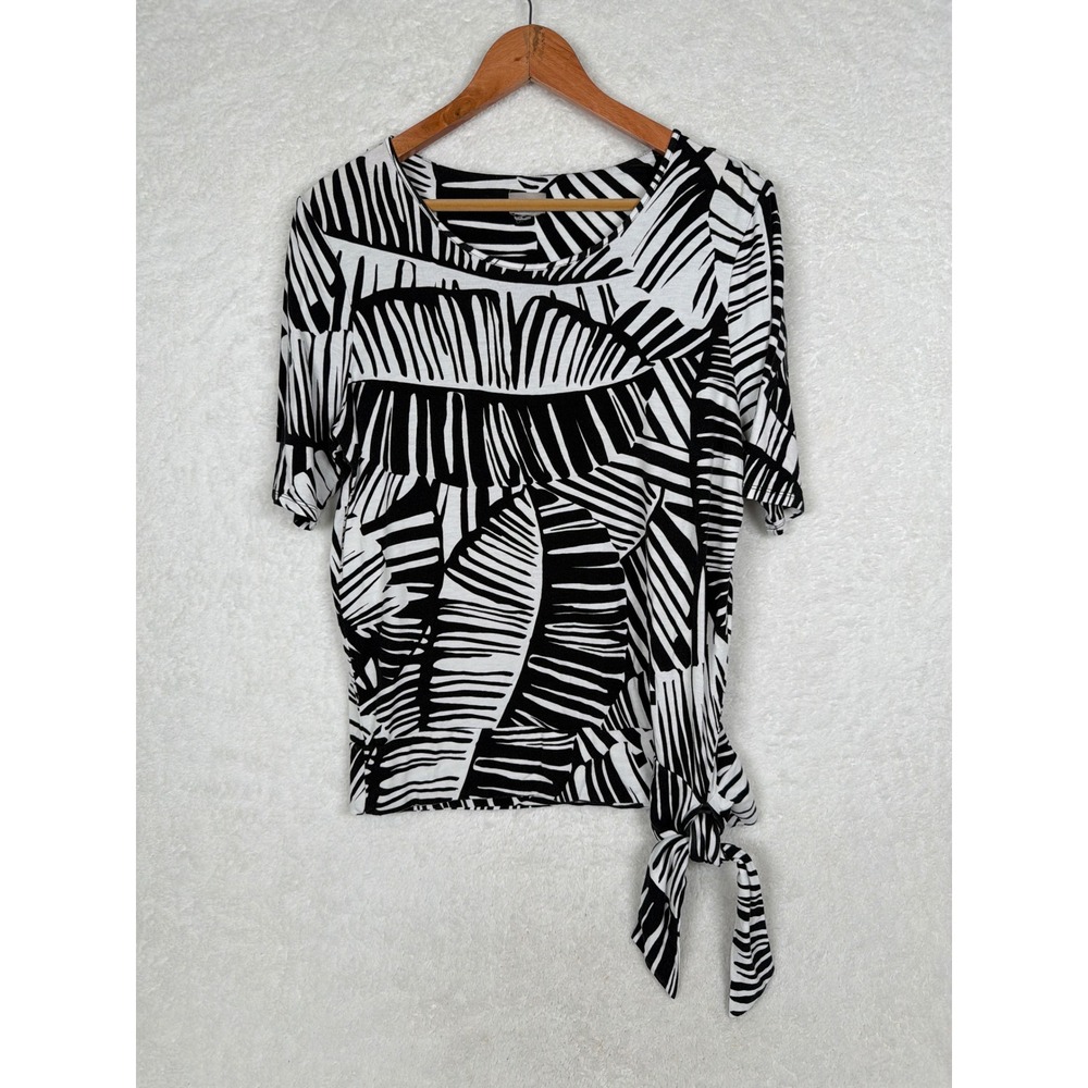 Chico's Top Women 1 Black White Tropical Palm Leaf Side Tie Knit Shirt 570291719